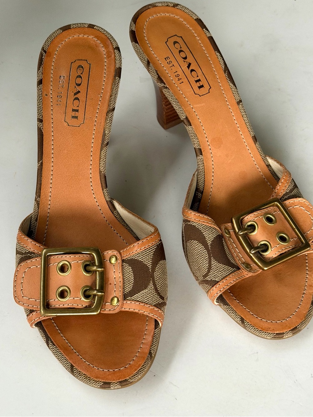 Coach 7.5 wooden platform brown & tan canvas buckle slide heels
